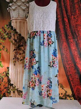 EUC Speed Control Sz 3X Mint Blue Floral Lace Top Sleeveless Maxi Dress